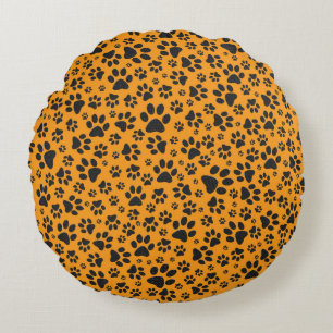 Dog Paws Black & White Polka Dot on dahlia orange Round Cushion