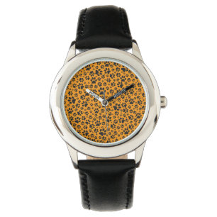 Dog Paws Black & White Polka Dot on dahlia orange Watch
