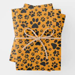 Dog Paws Black & White Polka Dot on dahlia orange Wrapping Paper Sheet