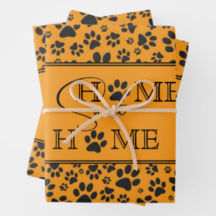 Dog Paws Black & White Polka Dot on dahlia orange  Wrapping Paper Sheet
