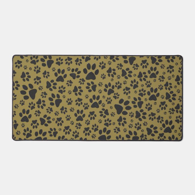 Dog Paws Black & White Polka Dot on military gold Desk Mat (Front)