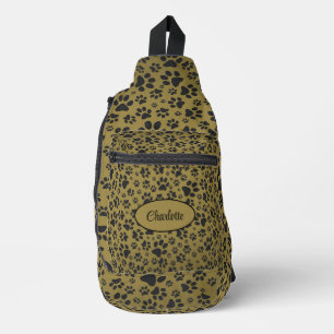 Dog Paws Black & White Polka Dot on military gold Sling Bag