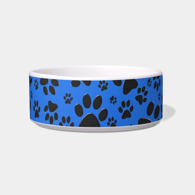Dog Paws Black & White Polka Dot on tech blue Bowl (Front)