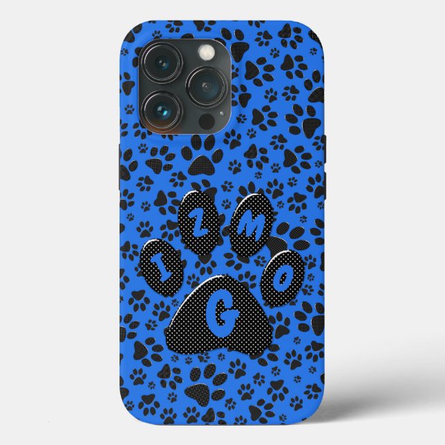 Dog Paws Black & White Polka Dot on tech blue Case-Mate iPhone Case (Back)