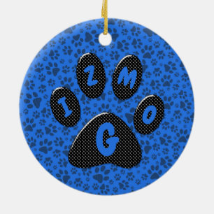 Dog Paws Black & White Polka Dot on tech blue Ceramic Ornament
