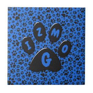 Dog Paws Black & White Polka Dot on tech blue Ceramic Tile