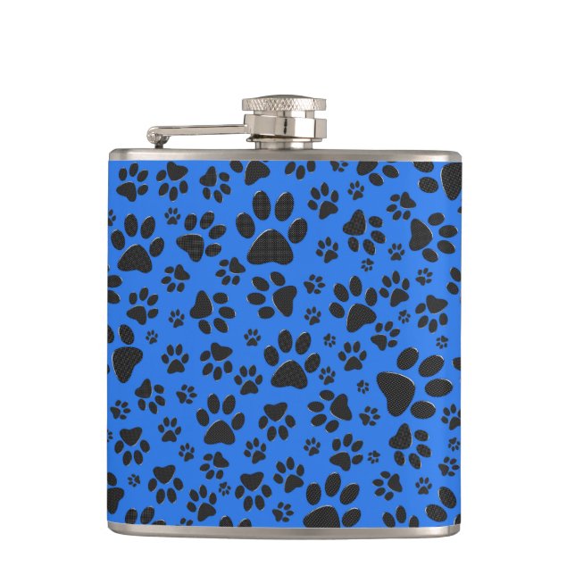Dog Paws Black & White Polka Dot on tech blue Hip Flask (Front)