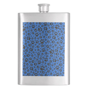 Dog Paws Black & White Polka Dot on tech blue Hip Flask