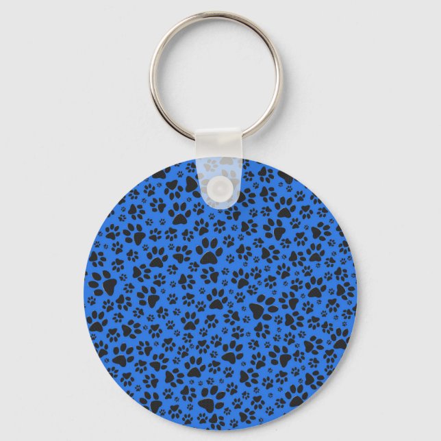 Dog Paws Black & White Polka Dot on tech blue Key Ring (Front)