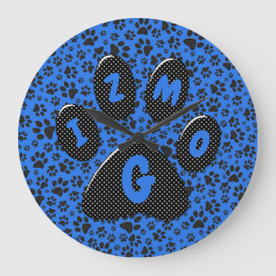 Dog Paws Black & White Polka Dot on tech blue Larg Large Clock