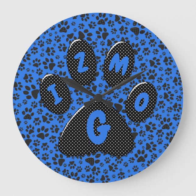 Dog Paws Black & White Polka Dot on tech blue Larg Large Clock (Front)