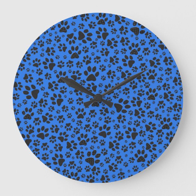 Dog Paws Black & White Polka Dot on tech blue Large Clock (Front)