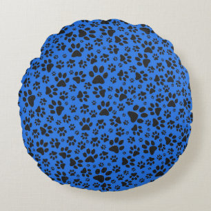 Dog Paws Black & White Polka Dot on tech blue Round Cushion