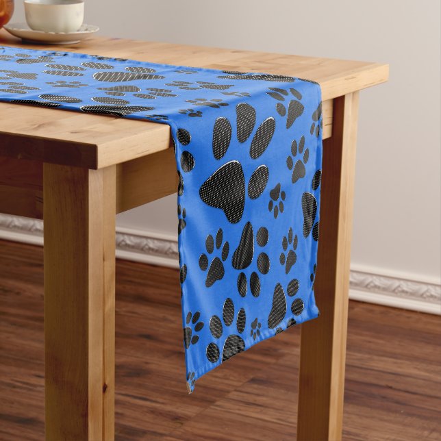 Dog Paws Black & White Polka Dot on tech blue Short Table Runner (In Situ)