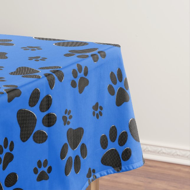 Dog Paws Black & White Polka Dot on tech blue Tablecloth (In Situ)