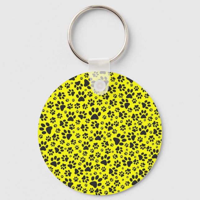 Dog Paws Black & White Polka Dot on yellow Key Ring (Front)