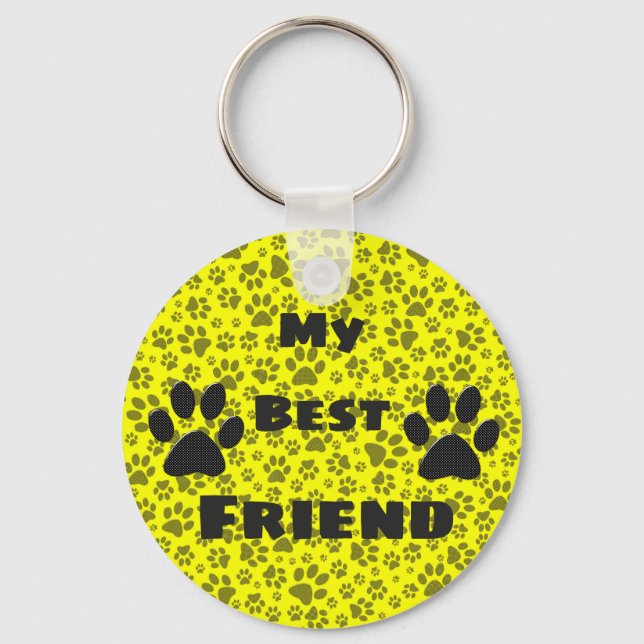 Dog Paws Black & White Polka Dot on yellow Keychai Key Ring (Front)