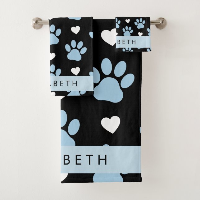 Dog Paws, Blue Paws, White Hearts, Your Name Bath Towel Set (Insitu)