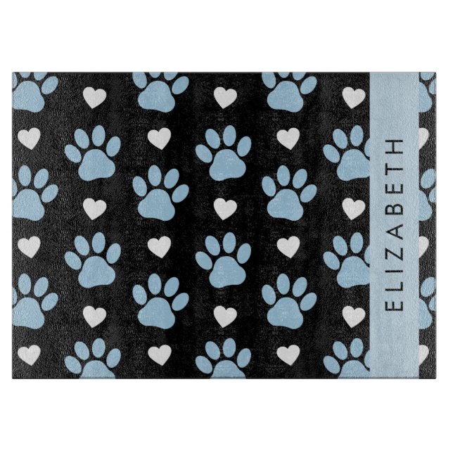 Dog Paws, Blue Paws, White Hearts, Your Name Cutting Board (Front)