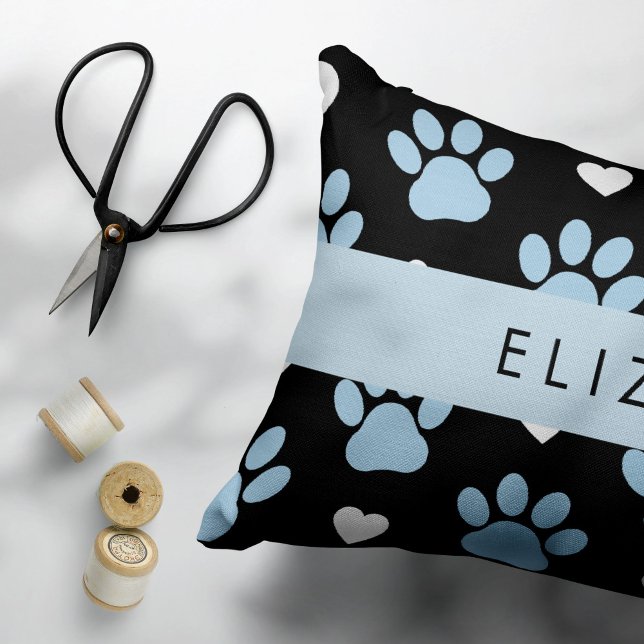 Dog Paws, Blue Paws, White Hearts, Your Name Decorative Cushion (Creator Uploaded)