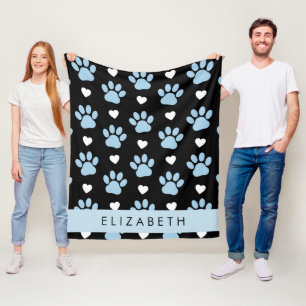 Dog Paws, Blue Paws, White Hearts, Your Name Fleece Blanket