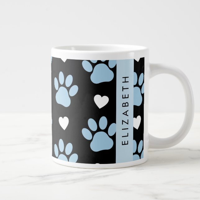 Dog Paws, Blue Paws, White Hearts, Your Name Large Coffee Mug (Right)