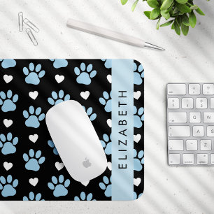 Dog Paws, Blue Paws, White Hearts, Your Name Mouse Pad