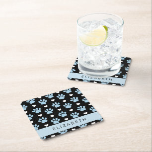 Dog Paws, Blue Paws, White Hearts, Your Name Square Paper Coaster