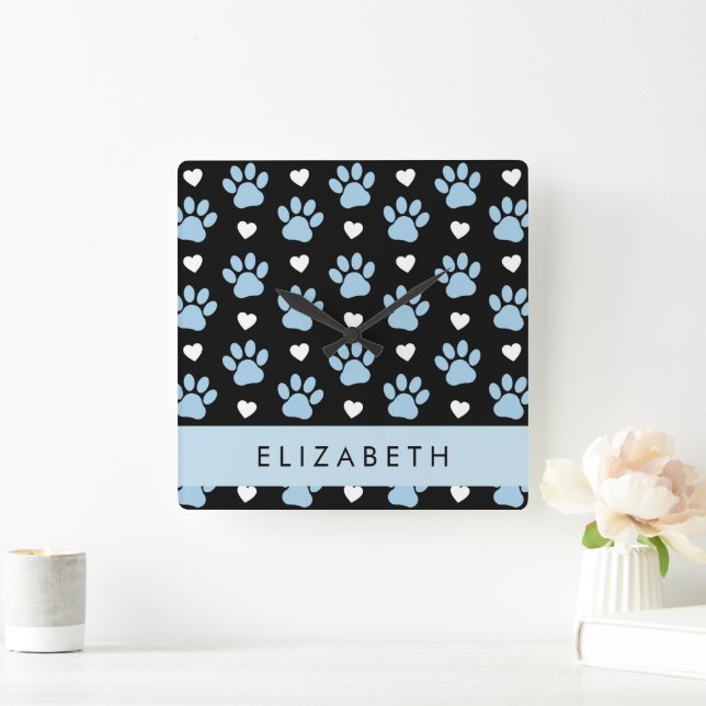 Dog Paws, Blue Paws, White Hearts, Your Name Square Wall Clock (Home)
