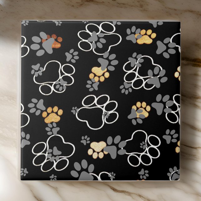 Dog Paws Grey | Black Ceramic Tile (Creator Uploaded)