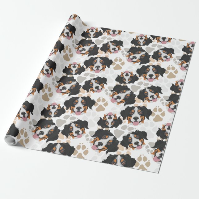 Dog paws pattern Bernese Mountain Dog Wrapping Paper (Unrolled)