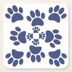 Dog Paws Prints Portuguese Style White and Blue  Square Paper Coaster