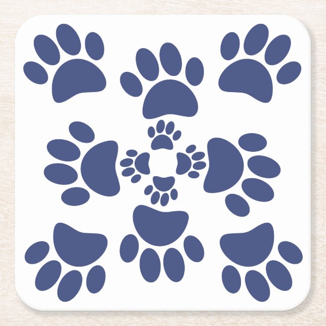 Dog Paws Prints Portuguese Style White and Blue  Square Paper Coaster (Front)