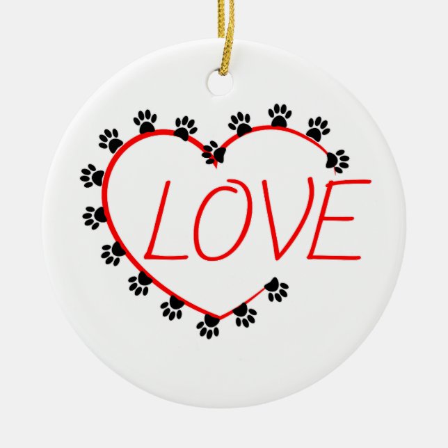 Dog Paws Red Heart Love Ceramic Ornament (Front)