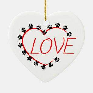 Dog Paws Red Heart Love Ceramic Ornament