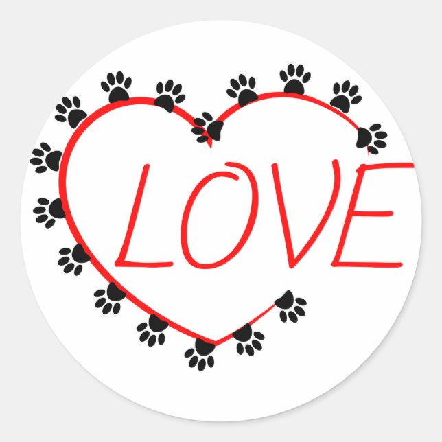 Dog Paws Red Heart Love Classic Round Sticker (Front)