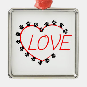 Dog Paws Red Heart Love Metal Ornament