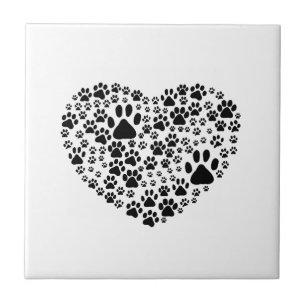 Dog Paws, Trails, Paw-prints, Heart - Black Ceramic Tile