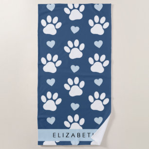 Dog Paws, White Paws, Blue Hearts, Your Name Beach Towel
