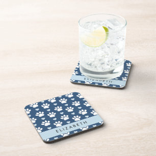 Dog Paws, White Paws, Blue Hearts, Your Name Coaster