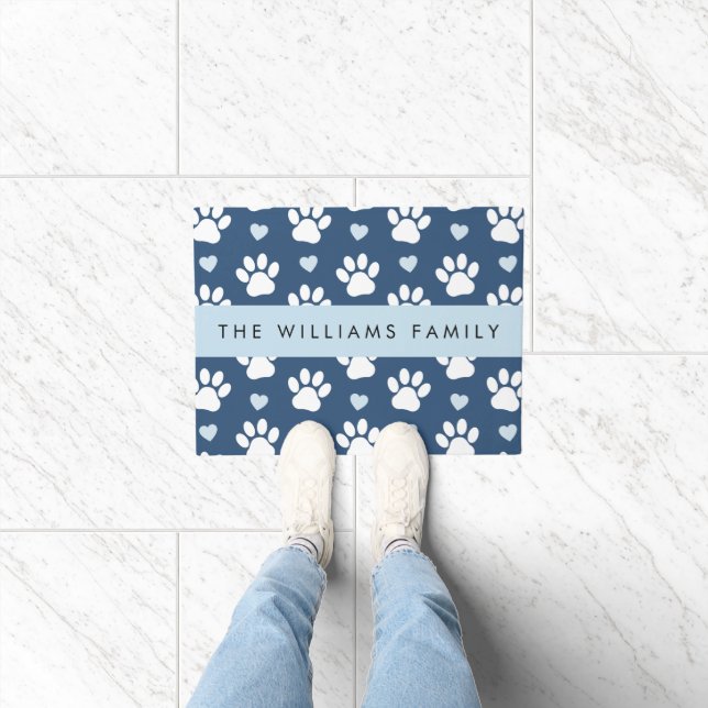 Dog Paws, White Paws, Blue Hearts, Your Name Doormat (Indoor)