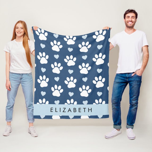 Dog Paws, White Paws, Blue Hearts, Your Name Fleece Blanket (In Situ)