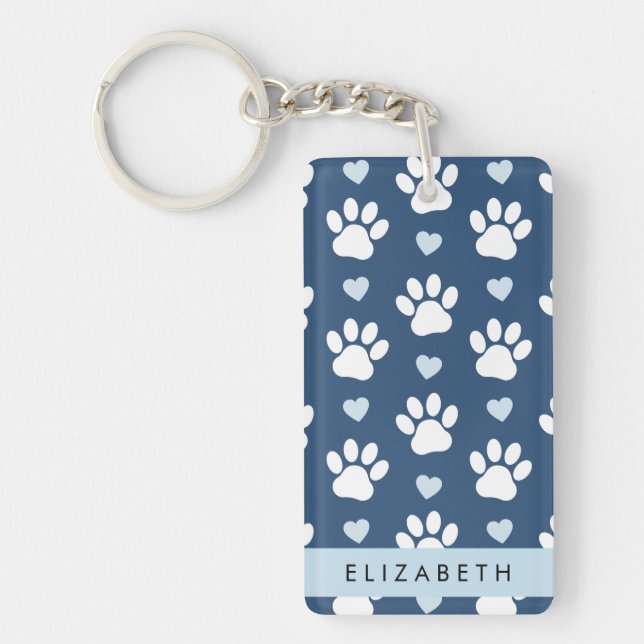 Dog Paws, White Paws, Blue Hearts, Your Name Key Ring (Front)