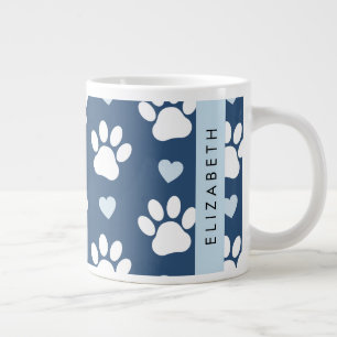 Dog Paws, White Paws, Blue Hearts, Your Name Large Coffee Mug