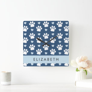Dog Paws, White Paws, Blue Hearts, Your Name Square Wall Clock
