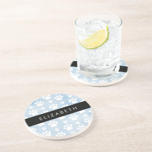 Dog Paws, White Paws, Blue Watercolors, Your Name Coaster