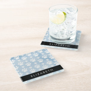 Dog Paws, White Paws, Blue Watercolors, Your Name Glass Coaster