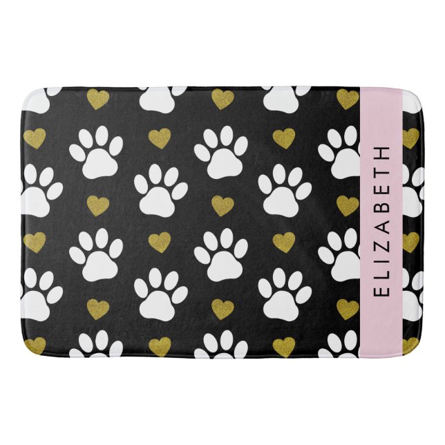 Dog Paws, White Paws, Gold Hearts, Your Name Bath Mat (Front)