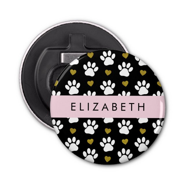Dog Paws, White Paws, Gold Hearts, Your Name Bottle Opener (Front)