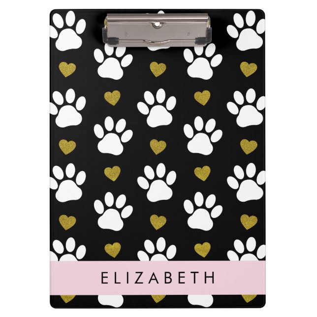 Dog Paws, White Paws, Gold Hearts, Your Name Clipboard (Front)